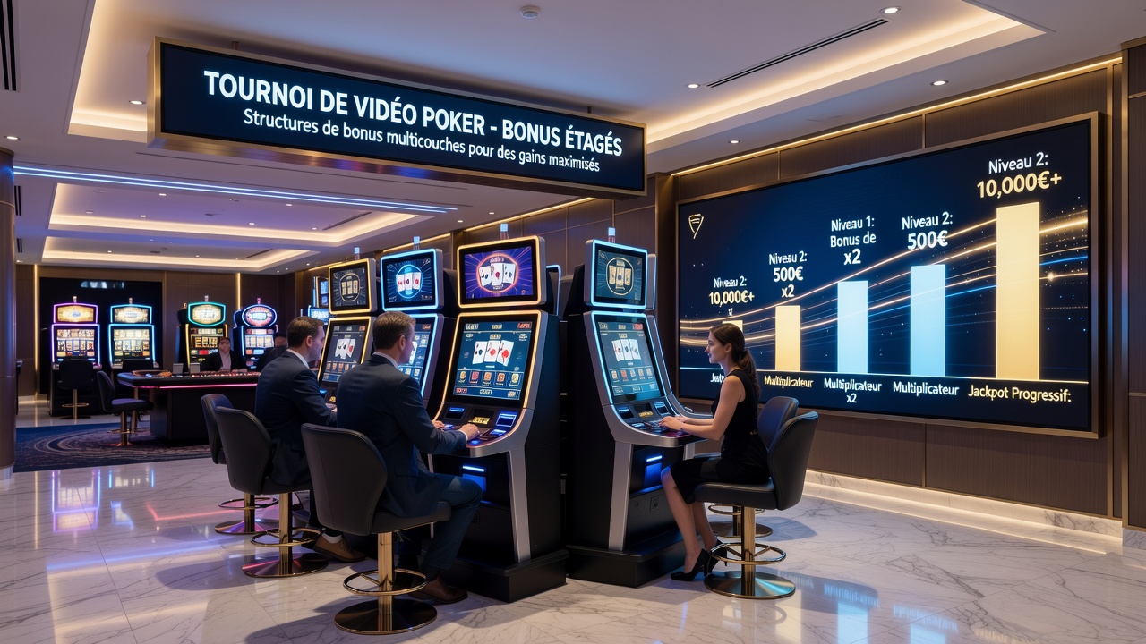 Operators monitor layered bonus activation during live video poker tournament sessions on French casino platforms