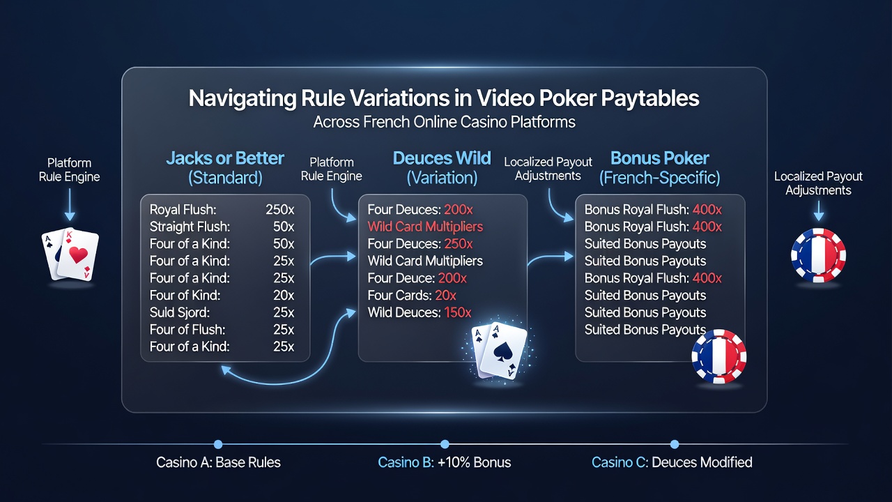 Comparison chart of video poker paytable variations on French casino sites with payout columns highlighted